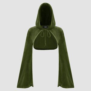 Cider Velvet Hooded Long Sleeve Crop Top - Green - XS